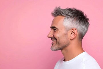 Fototapeta premium Chic men's spiky hair haircut - midlife arabian man with short hair. A stylish male making a statement. Pink solid background. Conceptual art visual concept art of style for aging men.
