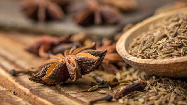 cumin and dry star anise with wooden spoon and grain on brown fabric mat
