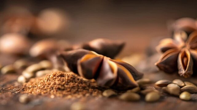 cumin star anise with brown powder and scattered spices on table scene