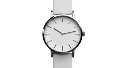 Close up view of a wristwatch with a circular face and a light colored band on a dark area on transparent background