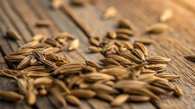 cumin dry seeds held by hand on wooden table background showing texture