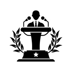 Politician at a podium delivering a speech with celebratory wreath illustration silhouette vector