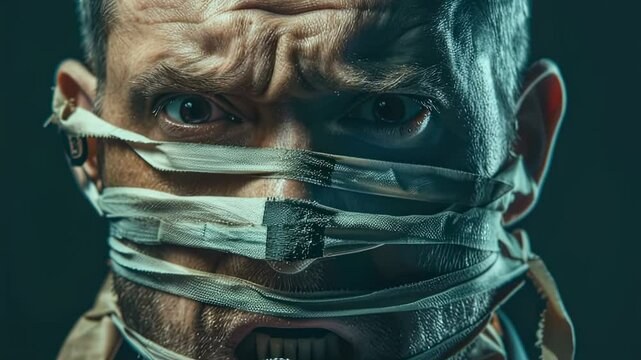 Close-up of an angry man with his mouth taped shut, speaking into a microphone in a dark, dramatic setting