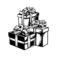 Three decorated gift boxes with large ribbon bows, hand-drawn sketch style on white background, concept of celebration or holiday surprise