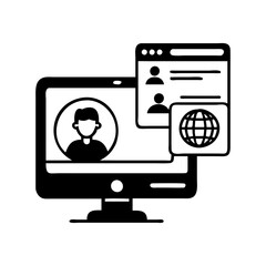 Computer display with profile, social network and global networking connections concept silhouette vector