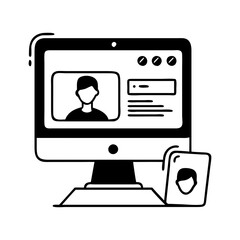 Computer screen displaying a profile with a user picture and information. silhouette vector
