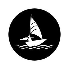 Monochromatic sailboat graphic on water within a circular transparent background silhouette vector