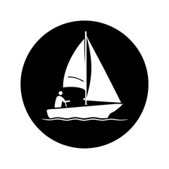 Stylized monochromatic illustration of a sailboat with a person on board within circle silhouette vector