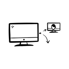 Screen mirroring doodle showing content transfer between devices for presentations silhouette vector