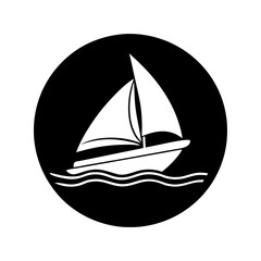 Sailing boat on the sea in black circle with white highlights illustration silhouette vector