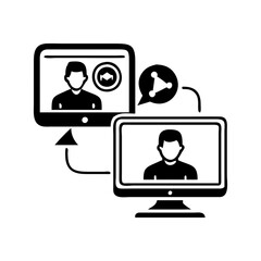 Two computers with people having a video conference with data sharing silhouette vector