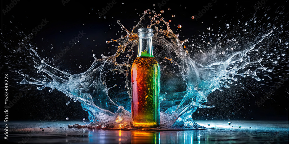 Poster A glass bottle filled with colorful liquid is caught in a moment of splashing water, creating a vivid and dynamic composition against a dark backdrop
