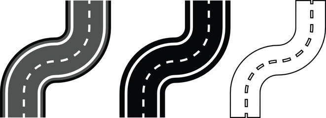 Fototapeta premium Roads and highways in perspective icon set. Road path with different bends. The road connects the cities road pieces in graphic style. Vector illustration collection isolated on transparent background
