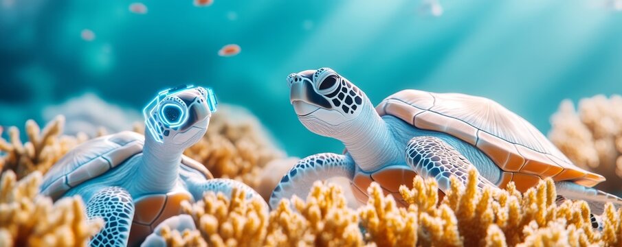 Cyber Turtles in Coral Reef, metaverse , AI art