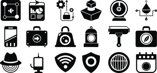 Security system icon set with surveillance camera lock hacker alert for cybersecurity and data protection themes