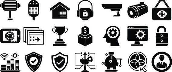 Surveillance icon pack for privacy monitoring password hacking alarm safety shield protection and secure system