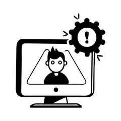 System Error Alert on Computer with Profile Triangle and Gear Icon silhouette vector
