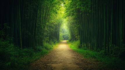 Fototapeta premium Serene path through a dense bamboo forest, sunlight filtering through the canopy, creating a mystical ambiance; soft focus enhances the ethereal feel