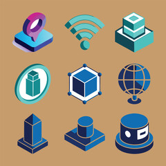 Isometric internet technology icon set with data server cloud cube and WiFi design for modern tech graphics