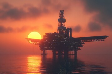 Obraz premium Industrial Oil Platform over Tranquil Ocean Waters at Dusk: An Energy Perspective