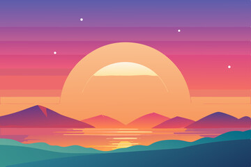 Obraz premium Sunrise and sunset illuminate a summer landscape of mountains, desert, and ocean waves
