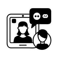 Teleconferencing video call with two people is depicted with speech bubbles silhouette vector