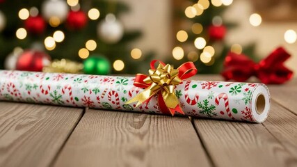 Christmas gift wrap roll with bow on wooden table in festive setting - Powered by Adobe