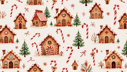 this is a delightful pattern of small cookie houses and red and white striped sticks arranged on a light colored surface