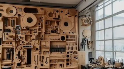 Artistic arrangement of woodworking tools exhibited on a large wooden panel in a workshop