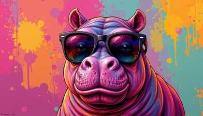 an anthropomorphic hippopotamus wearing sunglasses and adorned with a purple hue
