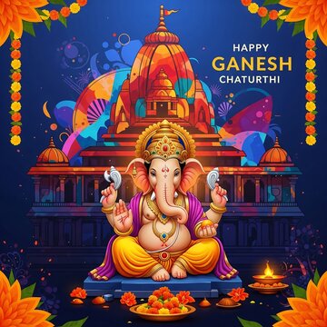 Lord ganesha in front of a vibrant temple for ganesh chaturthi