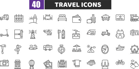 Travel Icons – 40 Vector Line Icons for Vacation, Adventure, Trip, Journey, Tourism and Navigation Design