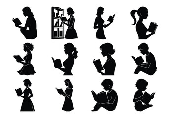 Silhouette Set of People Reading Books – Men and Women in Reading Poses Vector Collection on white background 