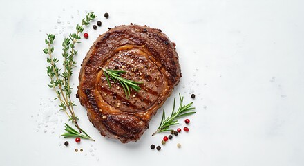 Grilled ribeye beef steak, herbs and spices. Top view with copy space for your text