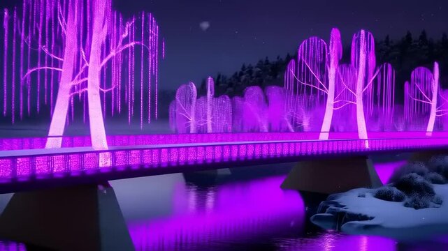 Enchanted Winter Landscape with Illuminated Bridge and Trees at Twilight