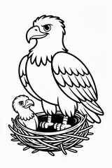 a cute line drawing of a happy eagle with its young in a nest Generative AI