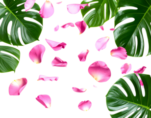 Hyper-realistic floating petals of tropical monstera, vibrant colors, transparent background