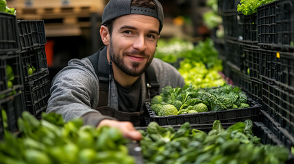 man in the garden with vegetables