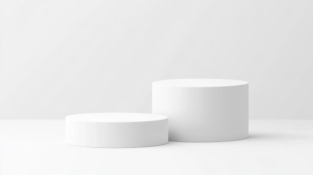 Two white cylindrical podiums on a plain background.