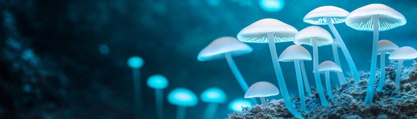 Fototapeta premium Glowing Mushrooms in Teal Forest, Nature, Fungi