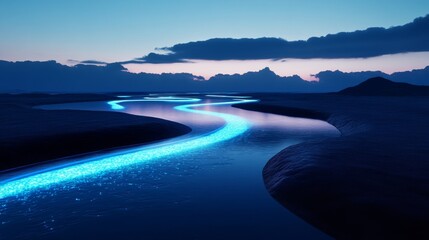 Fototapeta premium Glowing River at Dusk Serene Landscape with Light, Scenery, Nature