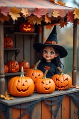 A cheerful witch in a tall pointed hat sells carved pumpkins at a colorful Halloween market booth decorated with cobwebs and autumn garlands
