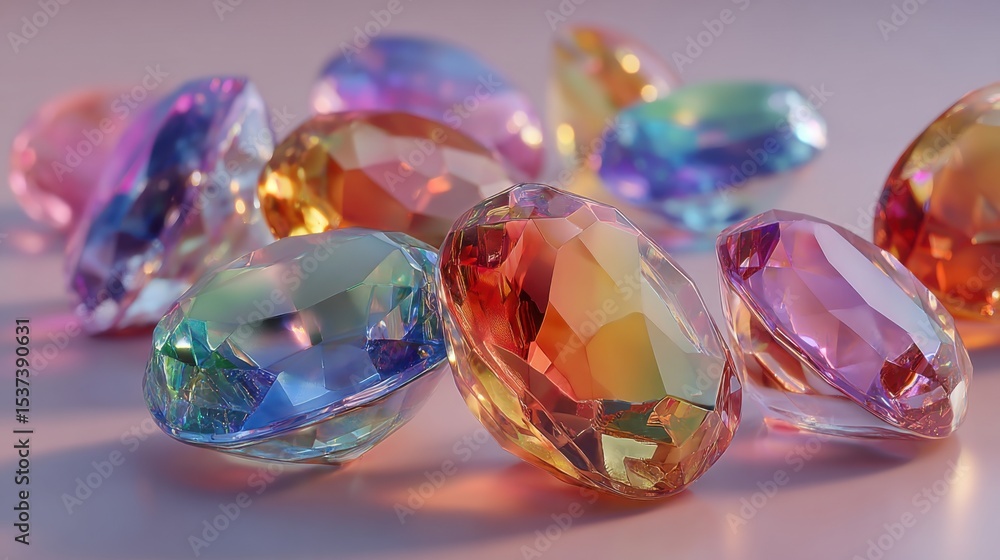 Aufkleber a collection of colorful gems are displayed on a table. the gems are of various shapes and sizes, an
