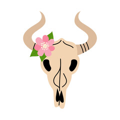Cow Skull with Flower. Cute groovy funky hippie boho illustration element isolated