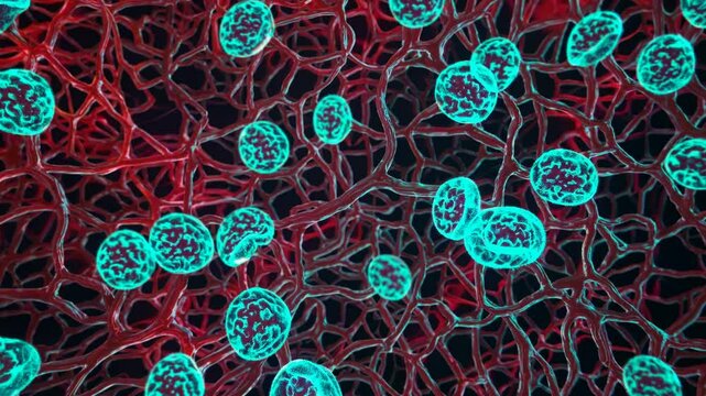 Microscopic view revealing viral and bacterial pathogens traversing intricate blood vessel networks, depicting infectious disease spreading through human circulatory system