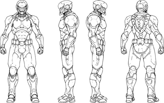 Illustration depicts the blueprint of an armored futuristic space soldier with a helmet and full body combat suit.