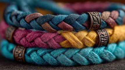 Fototapeta premium Colorful braided bracelets displayed in layers showcasing intricate design and texture