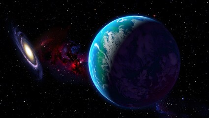 Obraz premium Glowing Planet Orbiting Near Luminous Galaxy with Starfield and Colorful Cosmic Dust in Epic Cinematic Space Scene