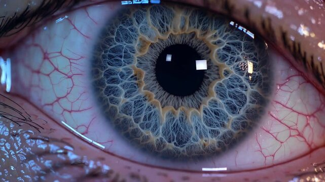 Human eye with pupil dilating, iris texture revealing intricate patterns, blood vessels, optical system shifting during light adaptation, close up microscopic view