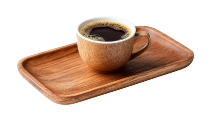 A wooden cup of coffee sitting on a wooden tray with a dark beverage inside and some foam on top on transparent background